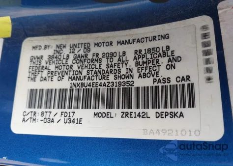 2010 Toyota Corolla S z USA, uszkodzony, nr VIN 1NXBU4EE4AZ319352